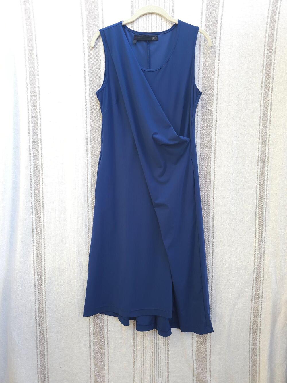 Porto SF Dress Womens 1 Blue Faux Wrap Sleeveless Jersey Midi Stretchy Pockets